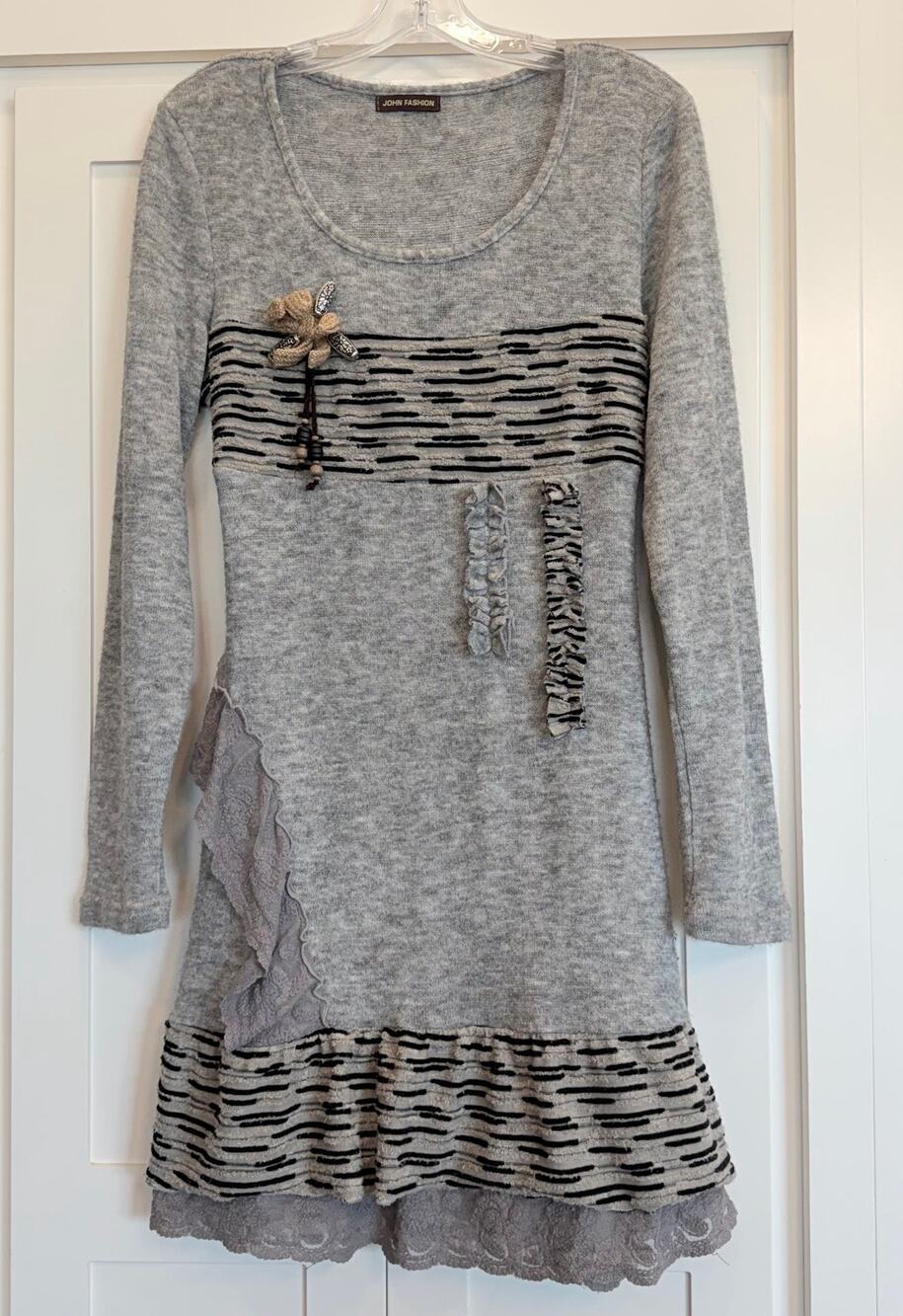 John Fashion Gray Wool Blend Artwear Dress Metal Embellished Avant Garde M